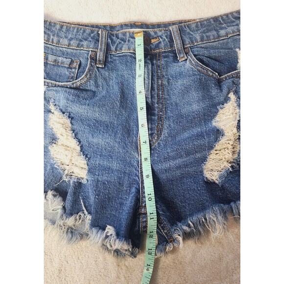 Eunina Lulu Sz Sm High Rise Shorts Cut Off Shortie denim Blue Distressed Stretch - Picture 3 of 9